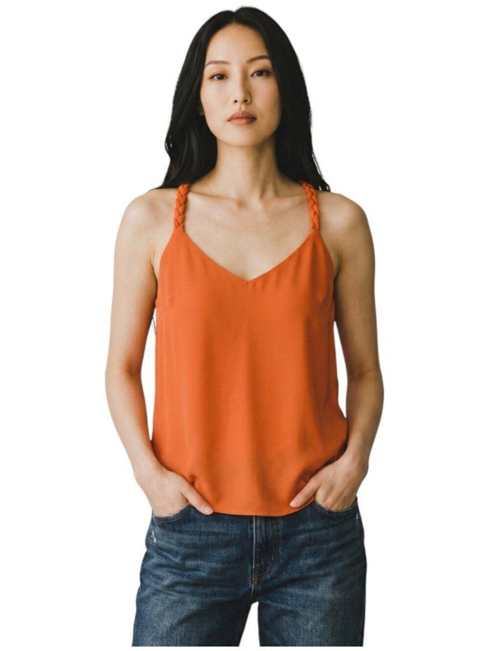 Aijek Braided Strap Crisscross Back Cami Top Orange Size 2 V-neck